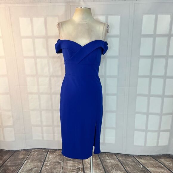 Aiden Mattox royal blue off the shoulder side slit sheath dress size 2 - Picture 3 of 14